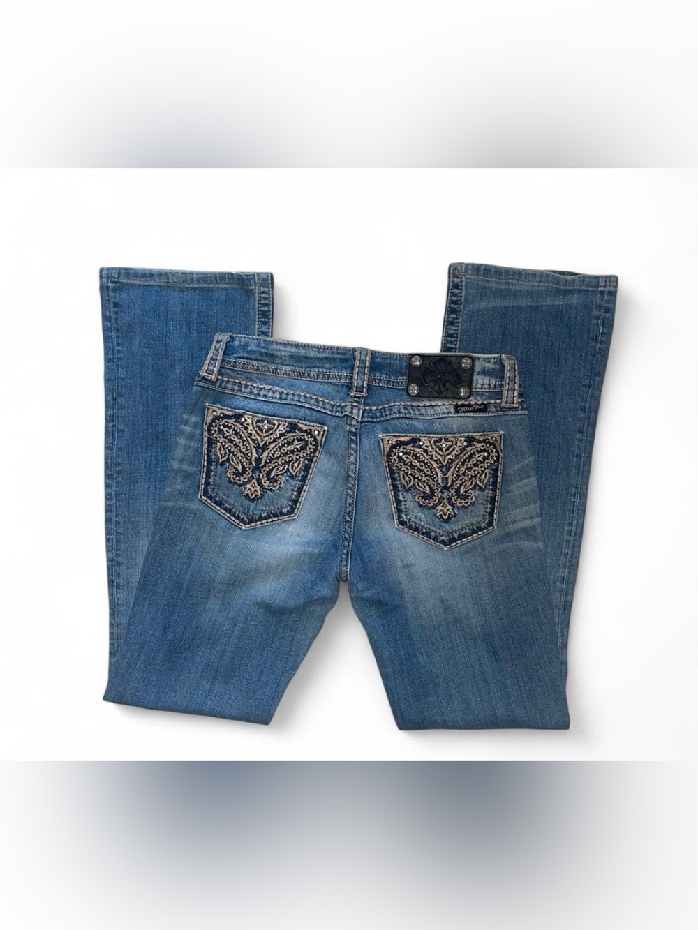 Y2K Miss Me Jeans Blue denim bootcut flare embroidered paisley back pockets 29